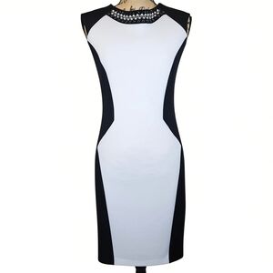 Colorblock Midi Dress with Beaded Neckline